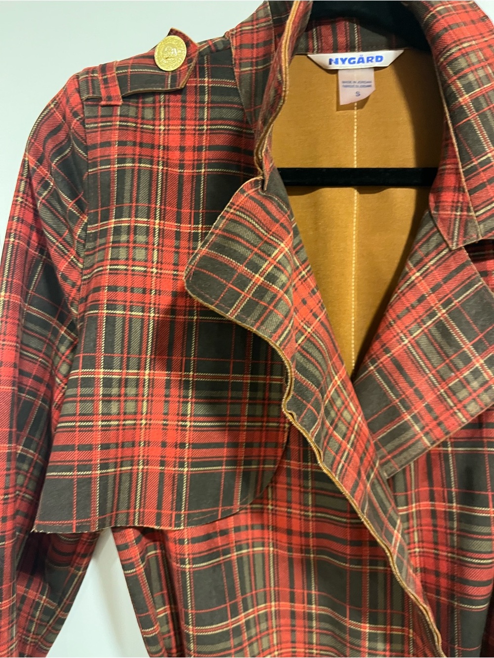 Nygard Red Plaid Trench Coat with Contrast Camel Collar - Picture 5 of 7